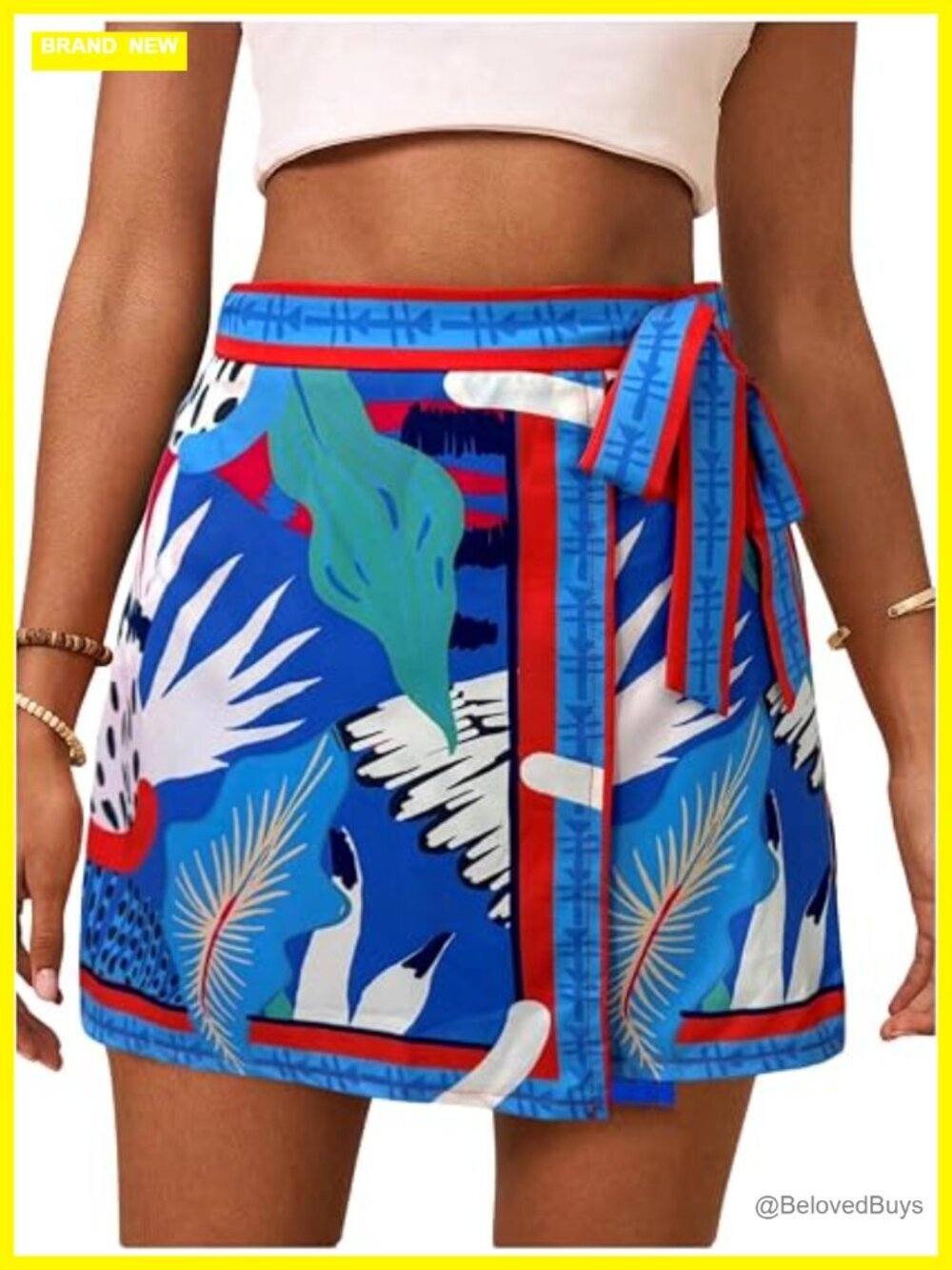 Floral Knot Side Wrap Skirt High Waist Contrast Binding A-Line Mini